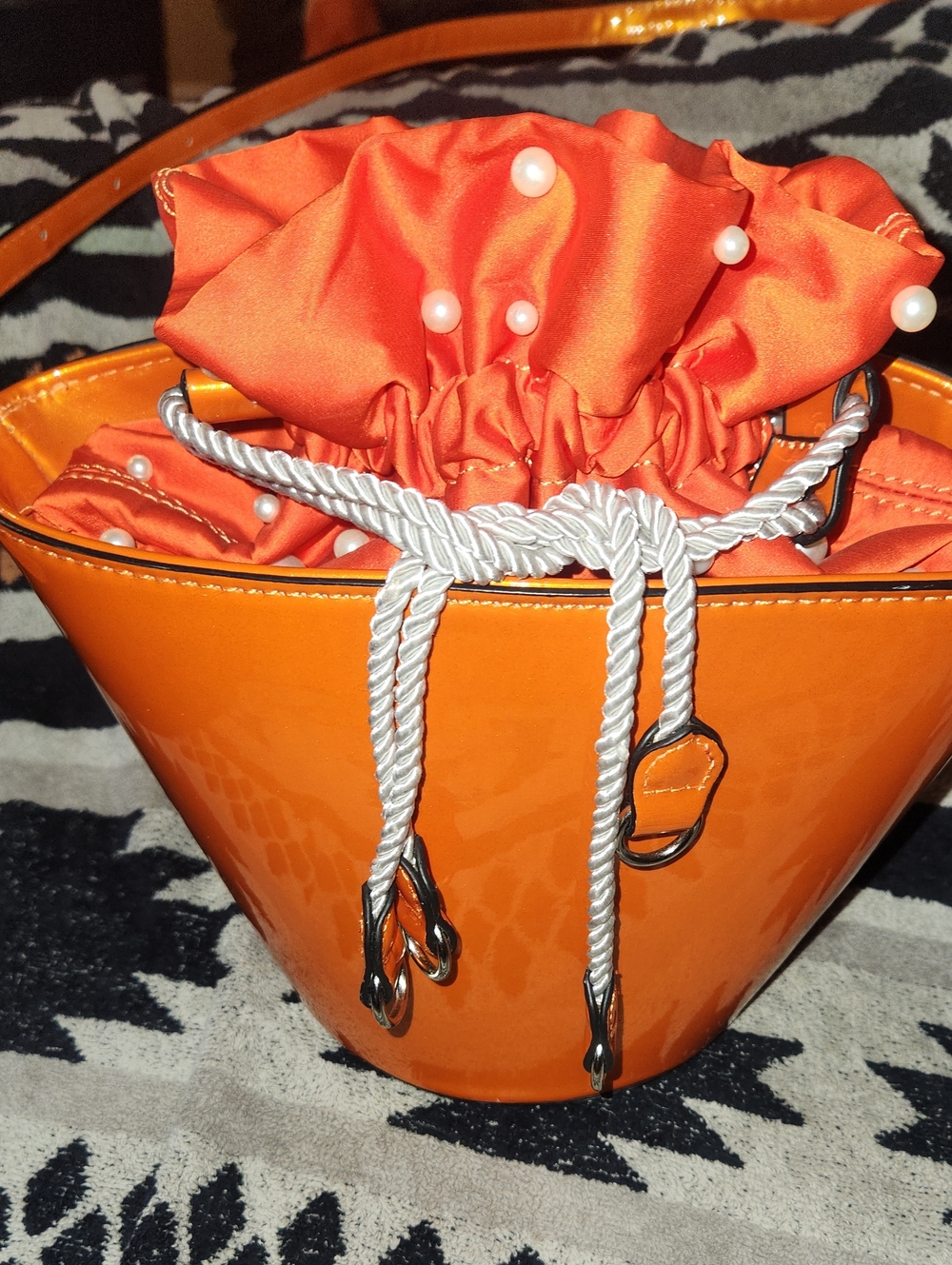 Others Follow Orange Pearl-Embellished Hobo with White Rope Drawstring